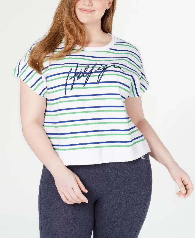 Tommy Hilfiger Sport Plus Size Striped Short Sleeve Sweatshirt Hoodie with Side Slits Relaxed Casual