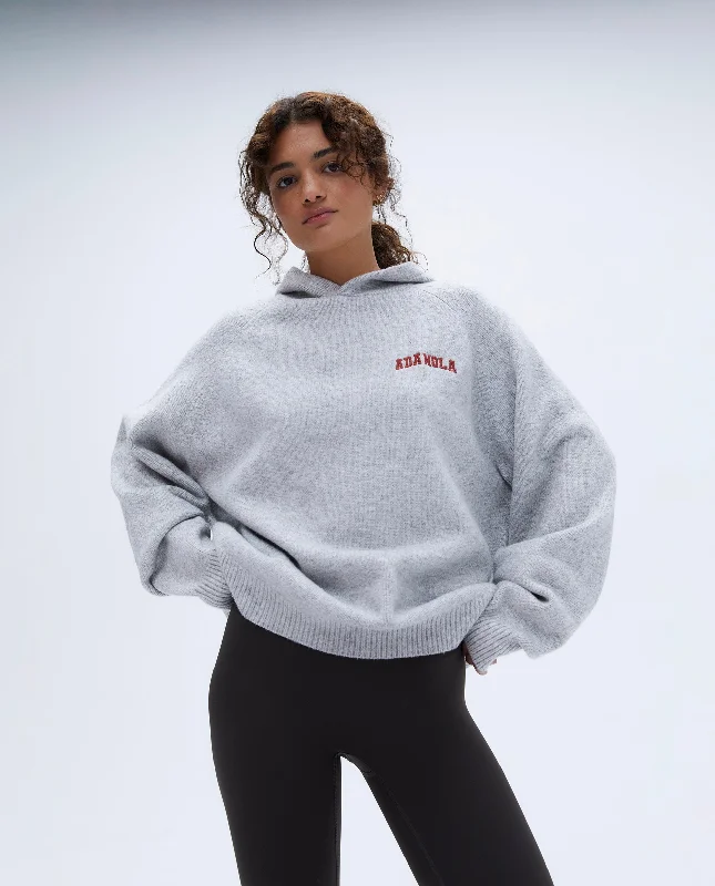 Varsity Oversized Knit Hoodie - Grey Melange/Vintage Red Hoodie with Hem Applique Textured Unique