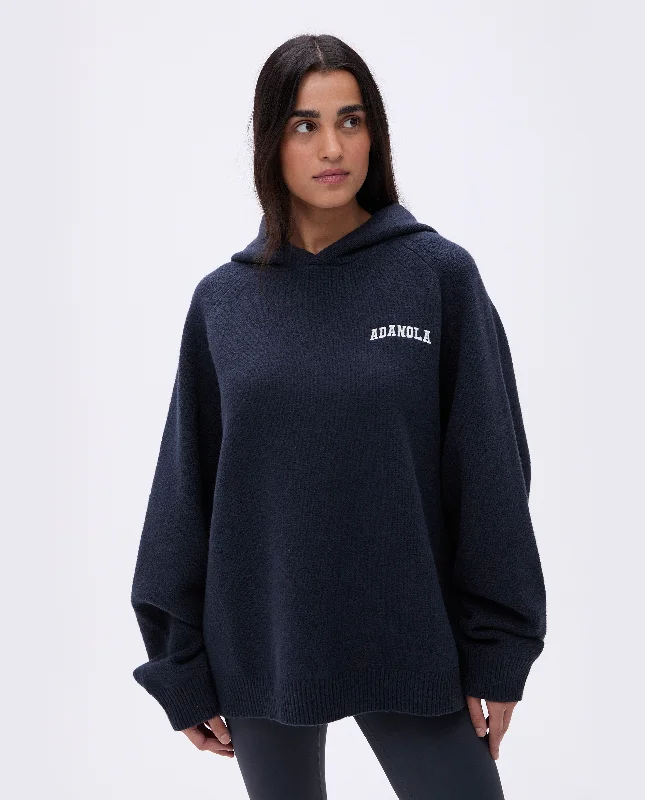 Varsity Oversized Knit Hoodie - Deep Midnight Blue/Cream Hoodie with Set-In Sleeves Structured Classic