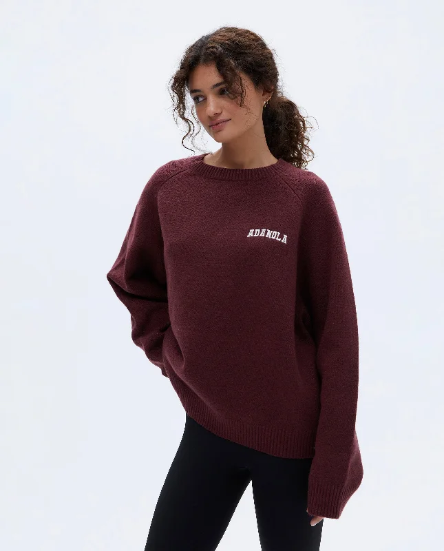 Varsity Oversized Knit Sweatshirt - Burgundy/Cream Hoodie Dress Longline Feminine