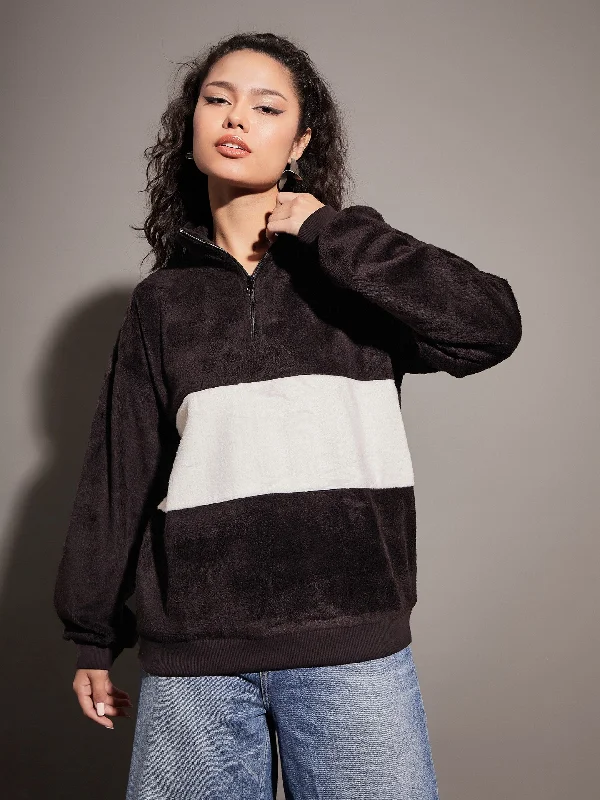 Women Black Fur Colour Block High Neck Sweatshirt Hoodie with Typography Text Message