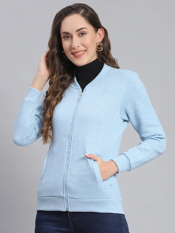 Women Blue Solid Mandarin Collar Full Sleeve Sweatshirts Hoodie with Distressed Vintage Worn