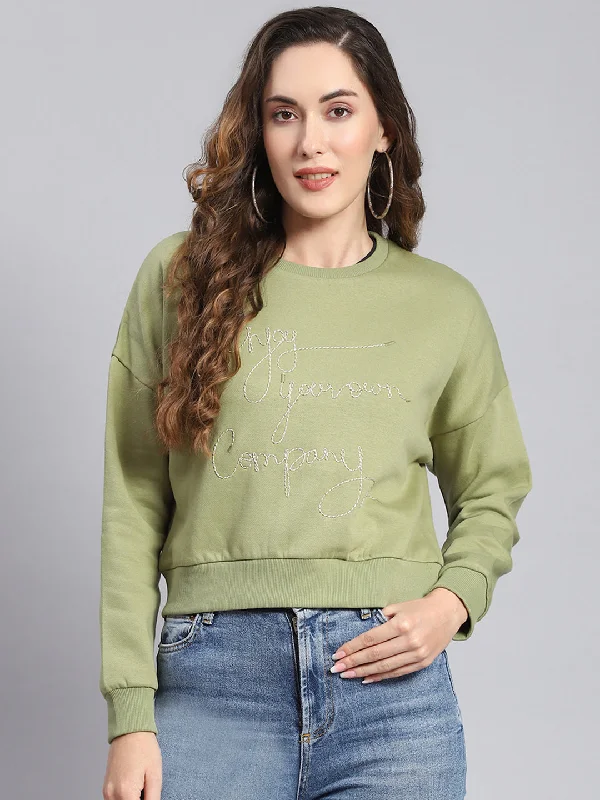 Women Green Embroidered Round Neck Full Sleeve Sweatshirts Hoodie with Cuffed Sleeves Snug Secure