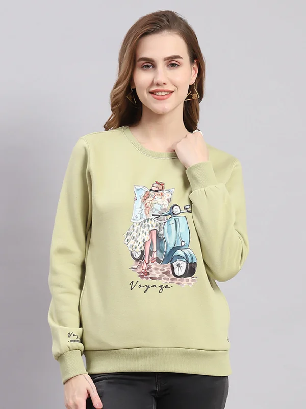 Women Green Printed Round Neck Full Sleeve Sweatshirts Hoodie with Bell Sleeves Flared Feminine