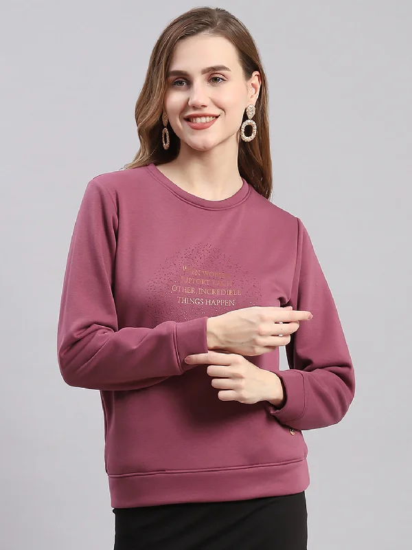 Women Maroon Printed Round Neck Full Sleeve Sweatshirts Hoodie with Sequins Glamorous Eye-catching