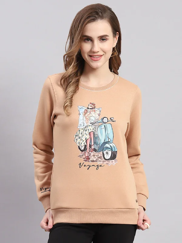 Women Peach Printed Round Neck Full Sleeve Sweatshirts Hoodie with Belted Waist Structured Tailored