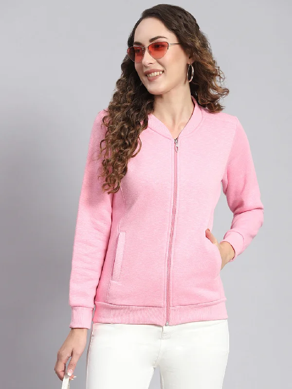 Women Pink Solid Mandarin Collar Full Sleeve Sweatshirts Hoodie with Hem Embroidery Detailed Premium