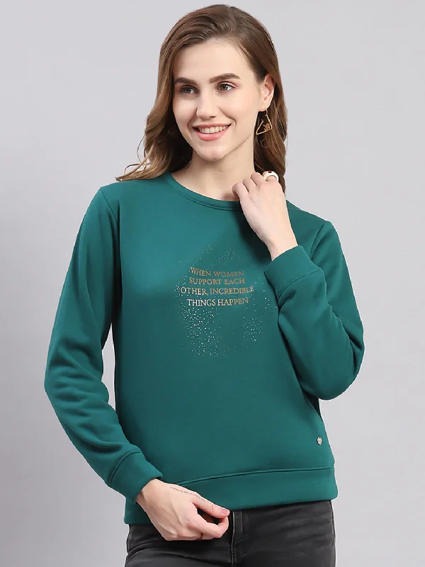 Women Teal Blue Printed Round Neck Full Sleeve Sweatshirts Hoodie with Print Artistic Unique