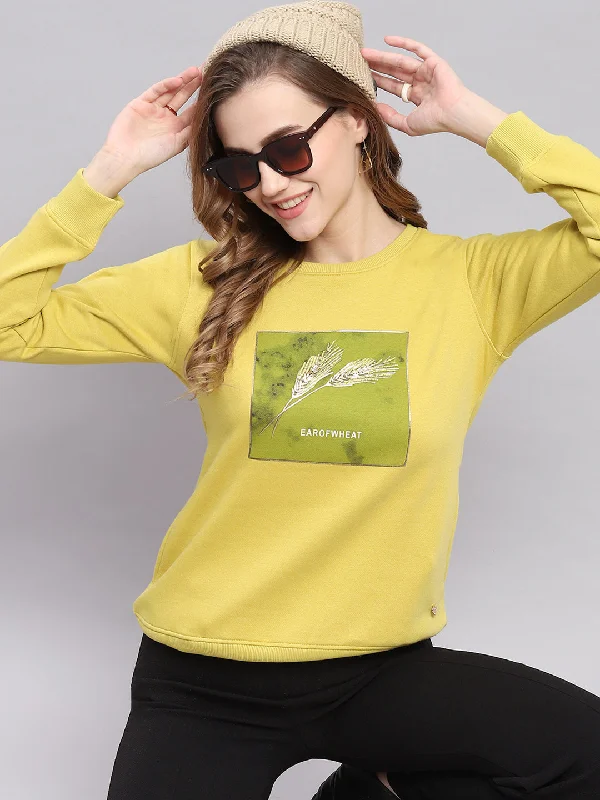 Women Yellow Printed Round Neck Full Sleeve Sweatshirts Hoodie with Cuffed Sleeves Snug Secure