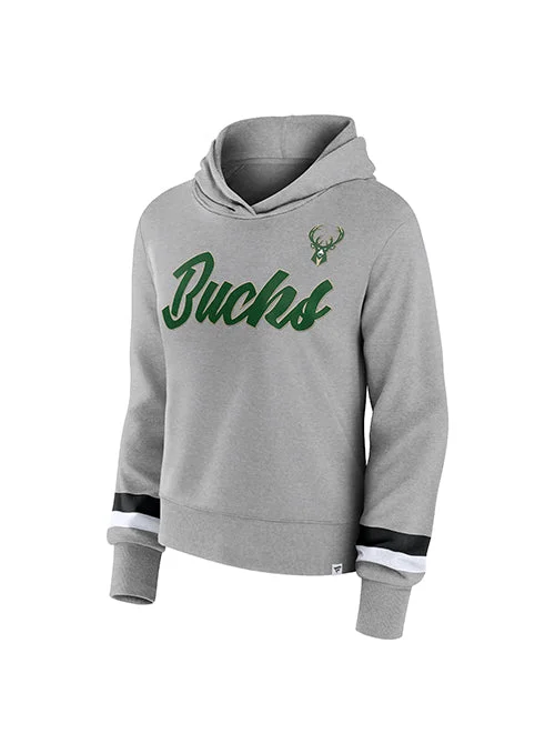 Women's Fanatics Script Grey Milwaukee Bucks Hooded Sweatshirt Graphic Hoodie Design Print