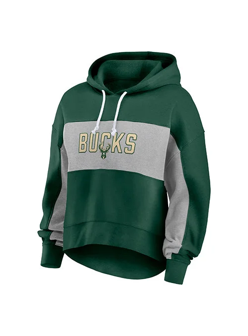 Women's Fanatics Stat Sheet Green Milwaukee Bucks Hooded Sweatshirt Hoodie with Hem Ribbing Snug Secure