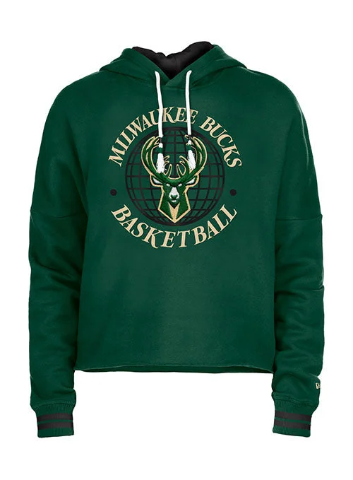 Women's New Era BBall Milwaukee Bucks Hooded Cropped Sweatshirt Hoodie with Thumb Holes Functional Cozy