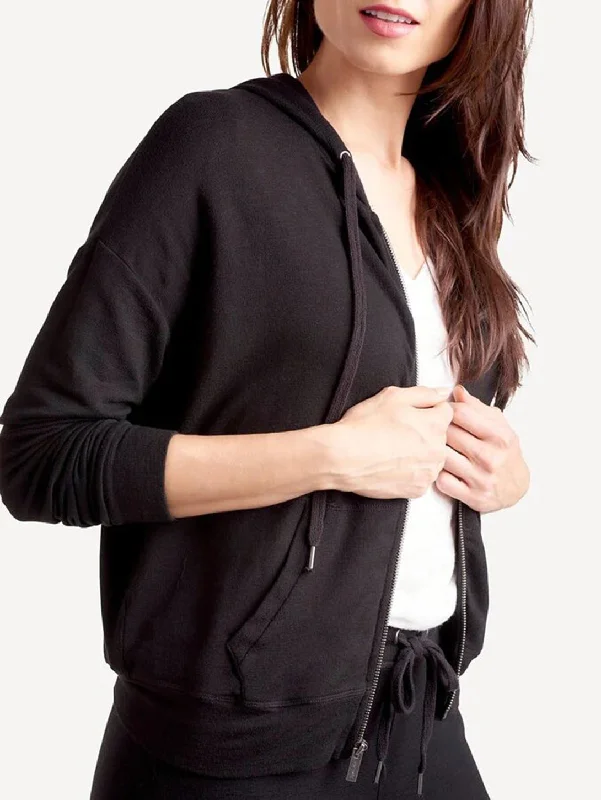 Zip-Up Hoodie Top - Black Hoodie with Elastic Cuffs Stretchable Comfortable